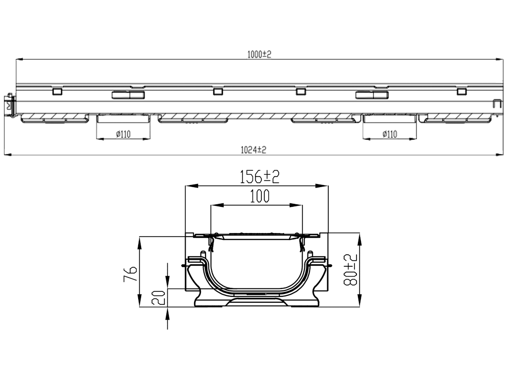 Rigolă din plastic BASE DN100 H80 cu grătar metalic zincat în fante clasa de sarcini A15